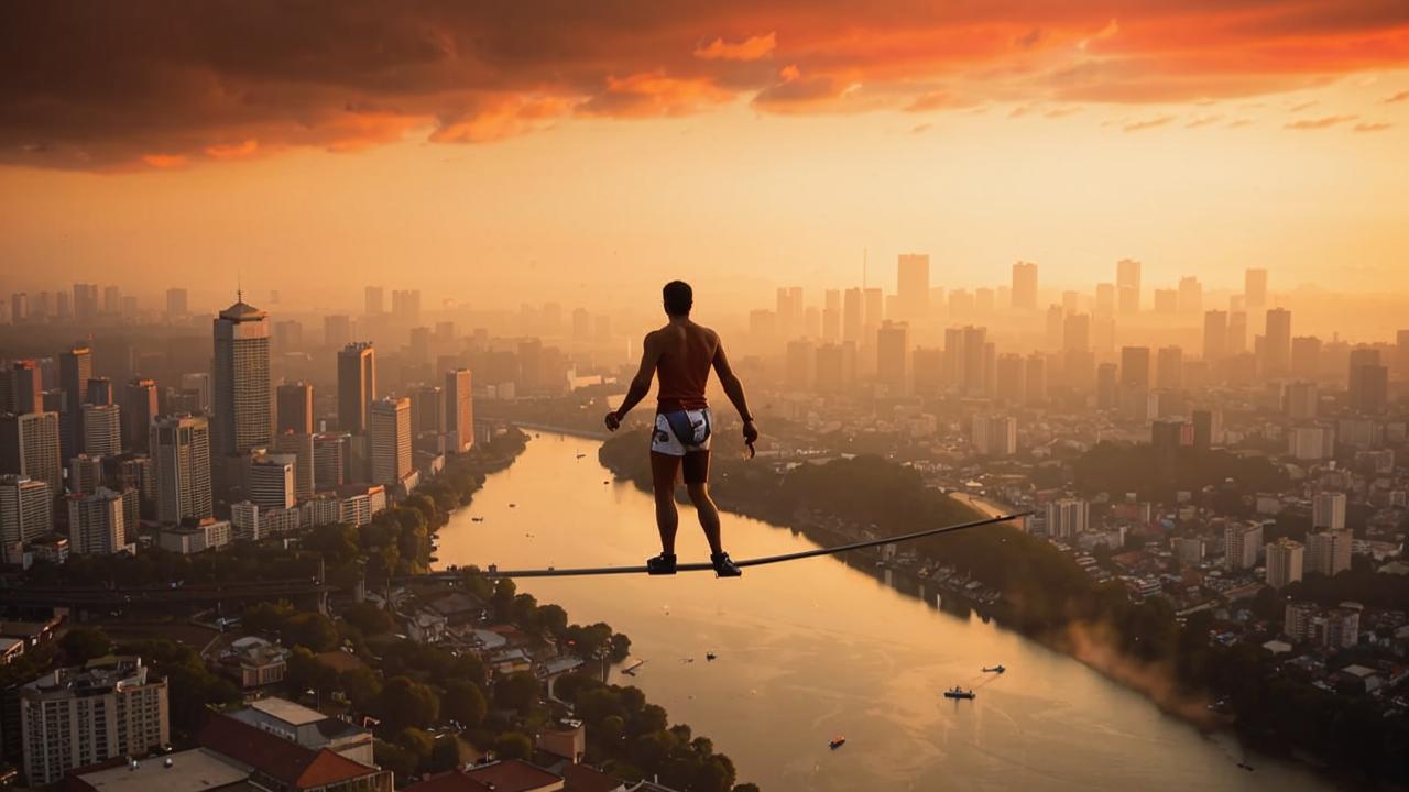 World record on the rope between the Moscow-Sit Towers