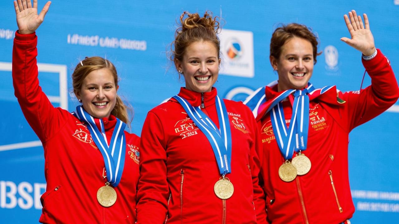 Olympic medalists in pentathlon: Olga Rukavishnikova, Nadezhda Tkachenko and Olga Kuragina