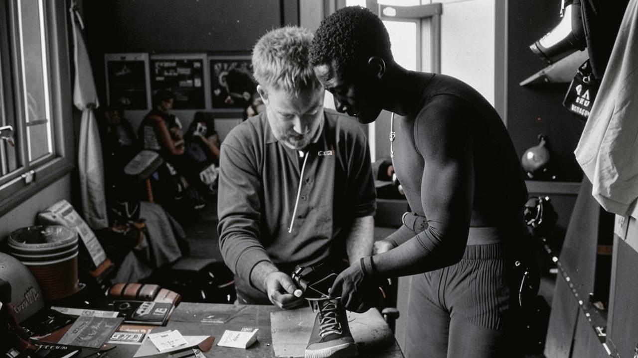 Adolf Dassler (right) restores the boots of goalkeeper Hans Tilkowski 