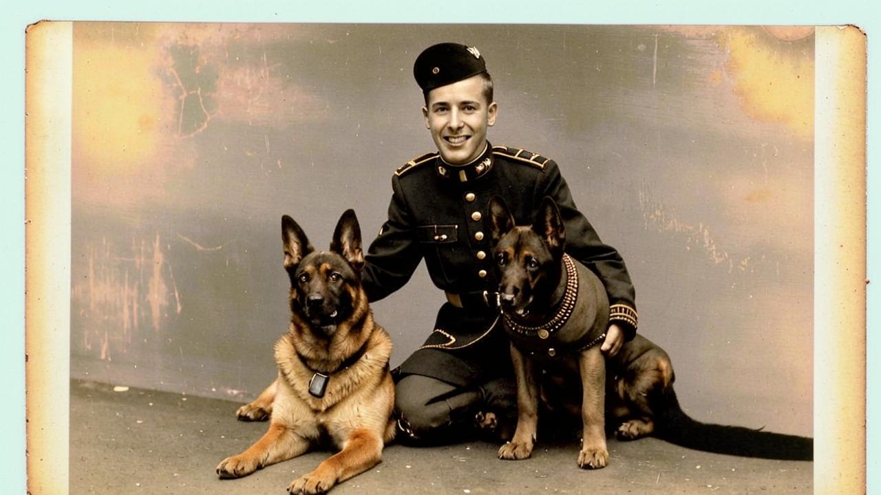 Peter Serapionovich Bushmin, an officer of the Leningrad Criminal Investigation Department, and his service dog Sultan.