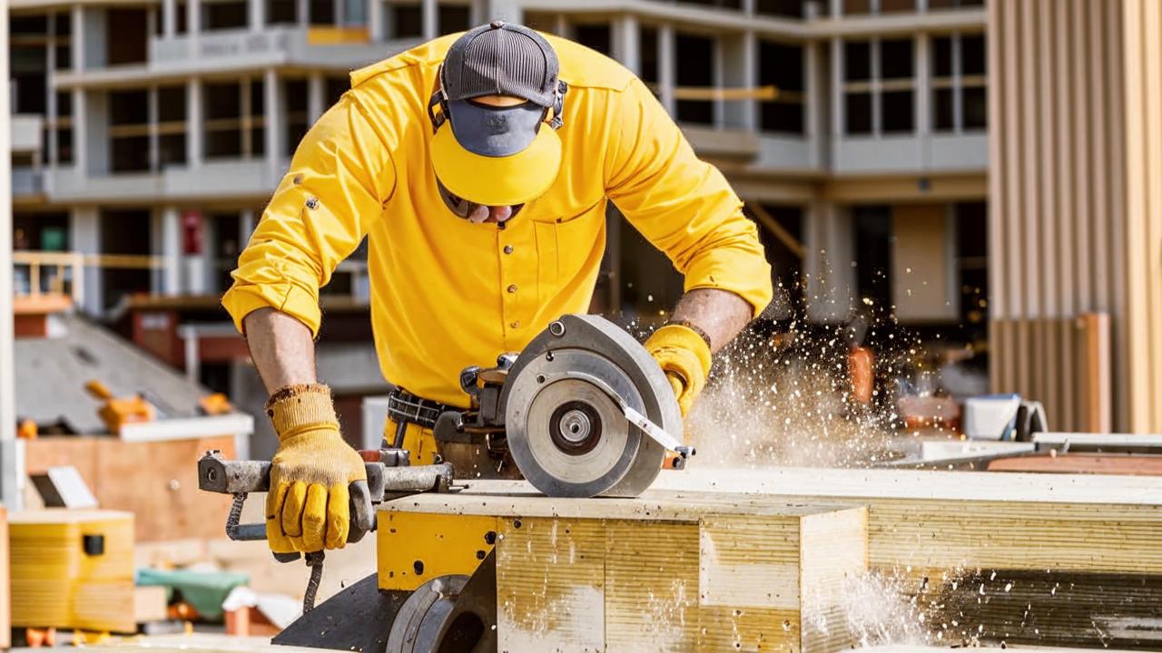 A man saws a board with a circular saw